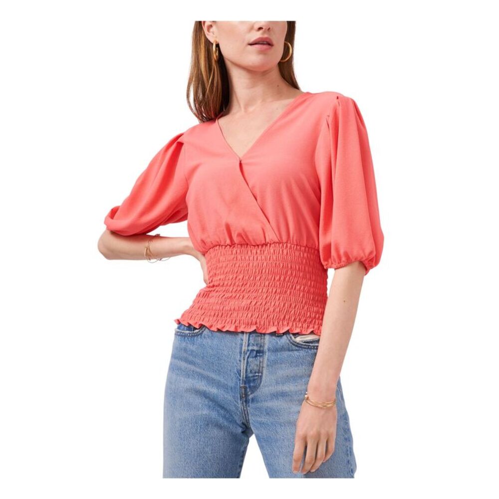 1. STATE Womens Coral Stretch Elbow Puff-sleeve Surplice Neckline Top XXS